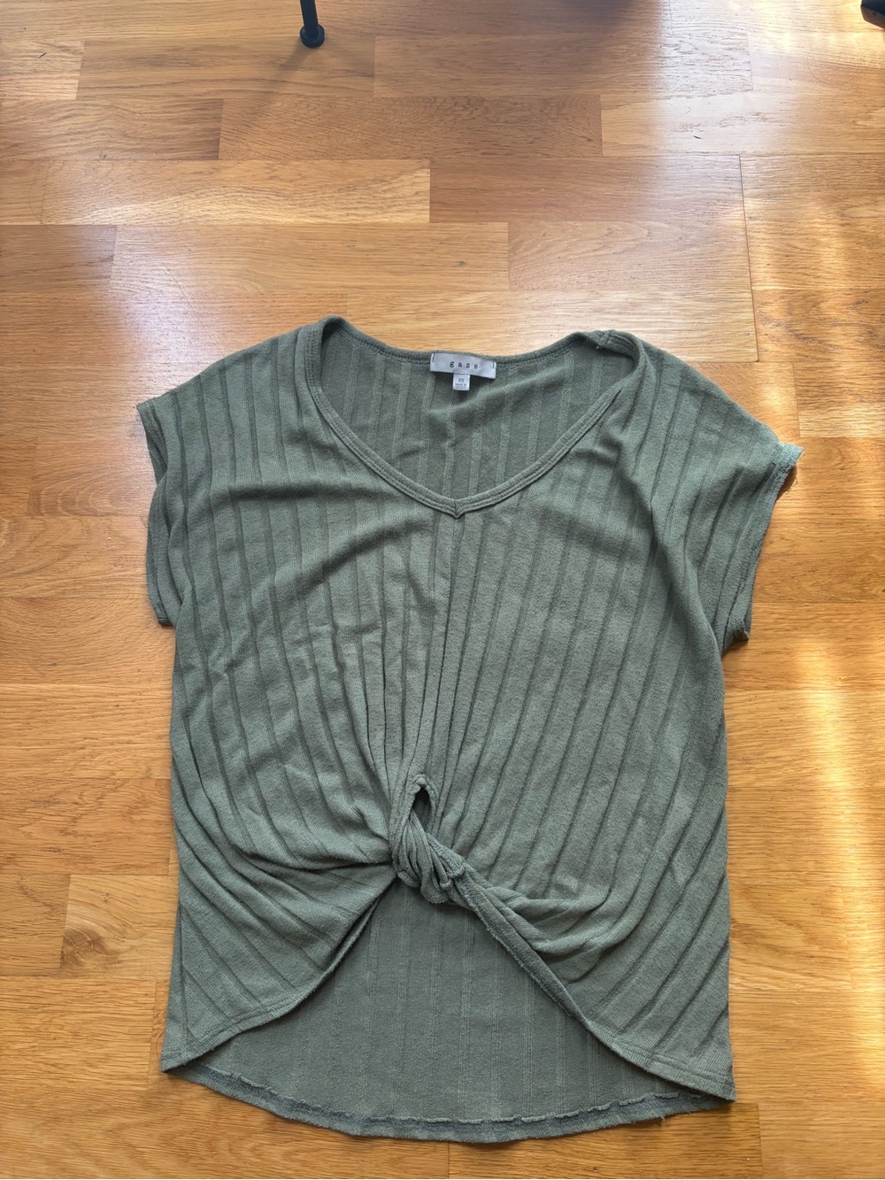 gaze Olive Green Ribbed Twist-Front V-Neck Top